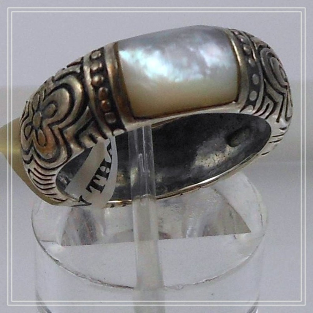 Vintage Sterling Silver Mother of Pearl Ornate Floral Scroll Band Ring Size 6‎